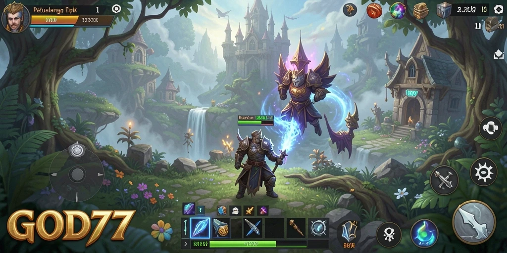 Screenshot gameplay <strong>GOD77</strong> dengan latar belakang pemandangan yang memukau dan aksi seru.