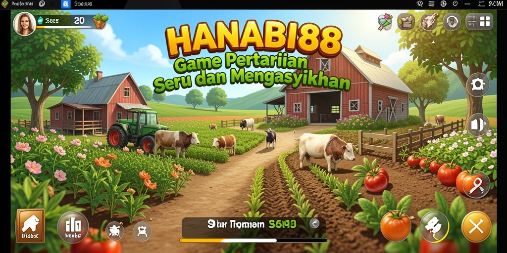Tampilan gameplay seru bertani di HANABI88 dengan kebun yang subur.