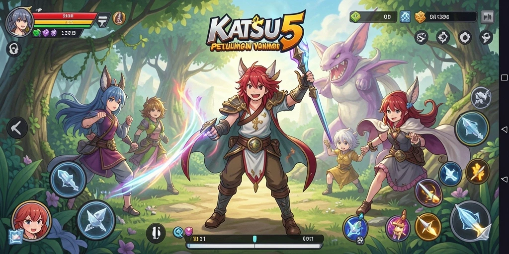 Tampilan gameplay KATSU5 yang penuh warna dan dinamis.