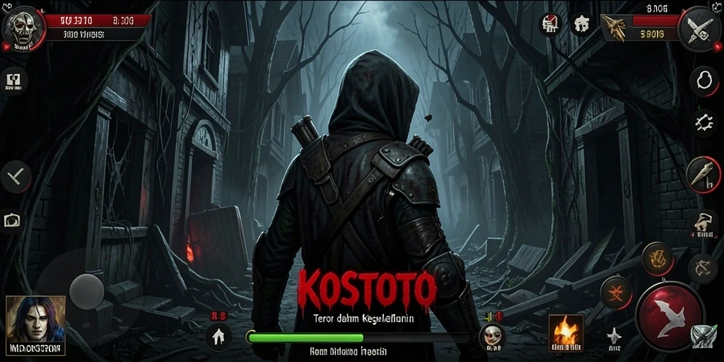 Screenshot menegangkan dari gameplay KOSTOTO di lingkungan yang gelap.